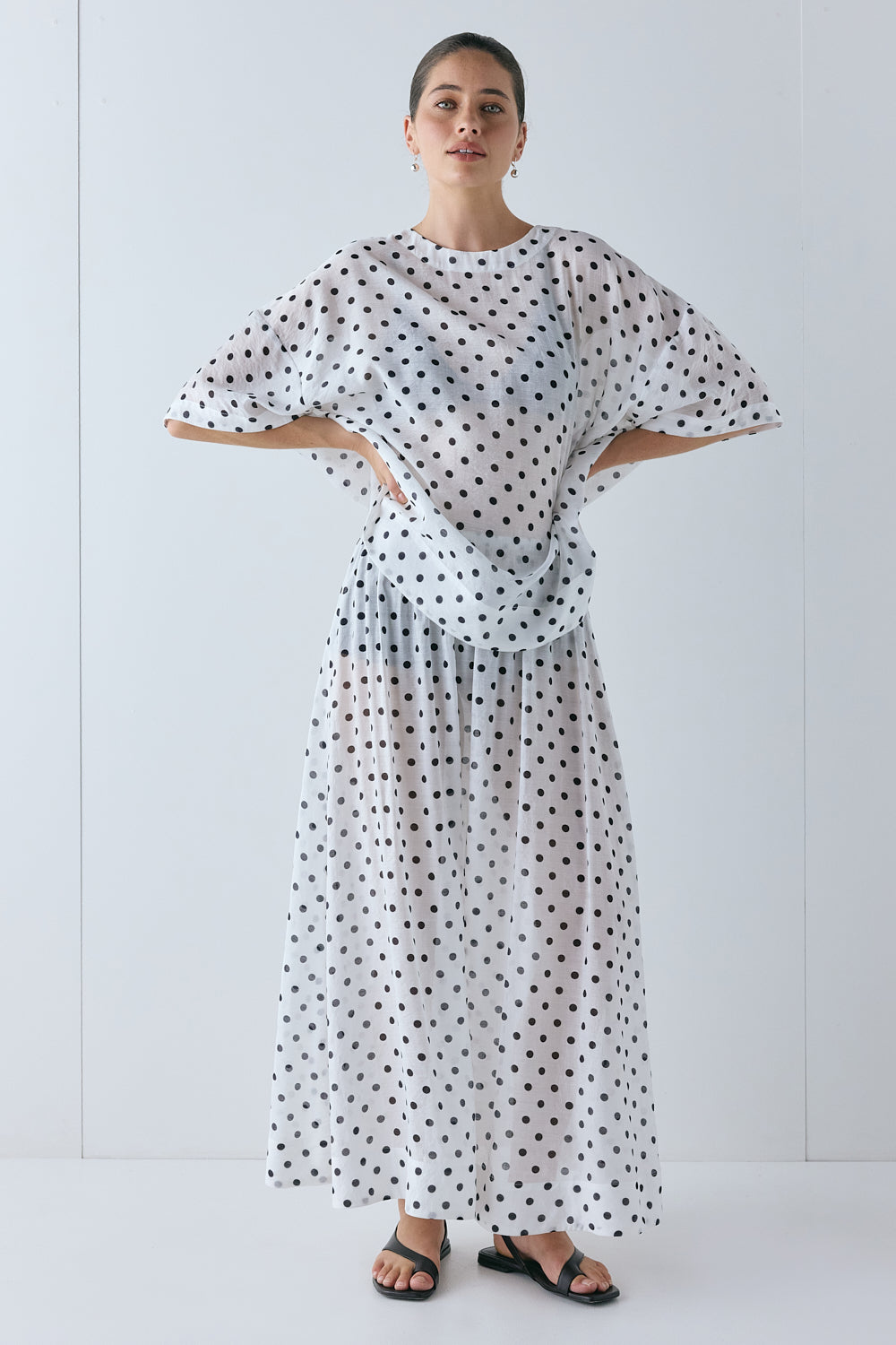 Solara Sheer Midi Skirt White Polka Dot