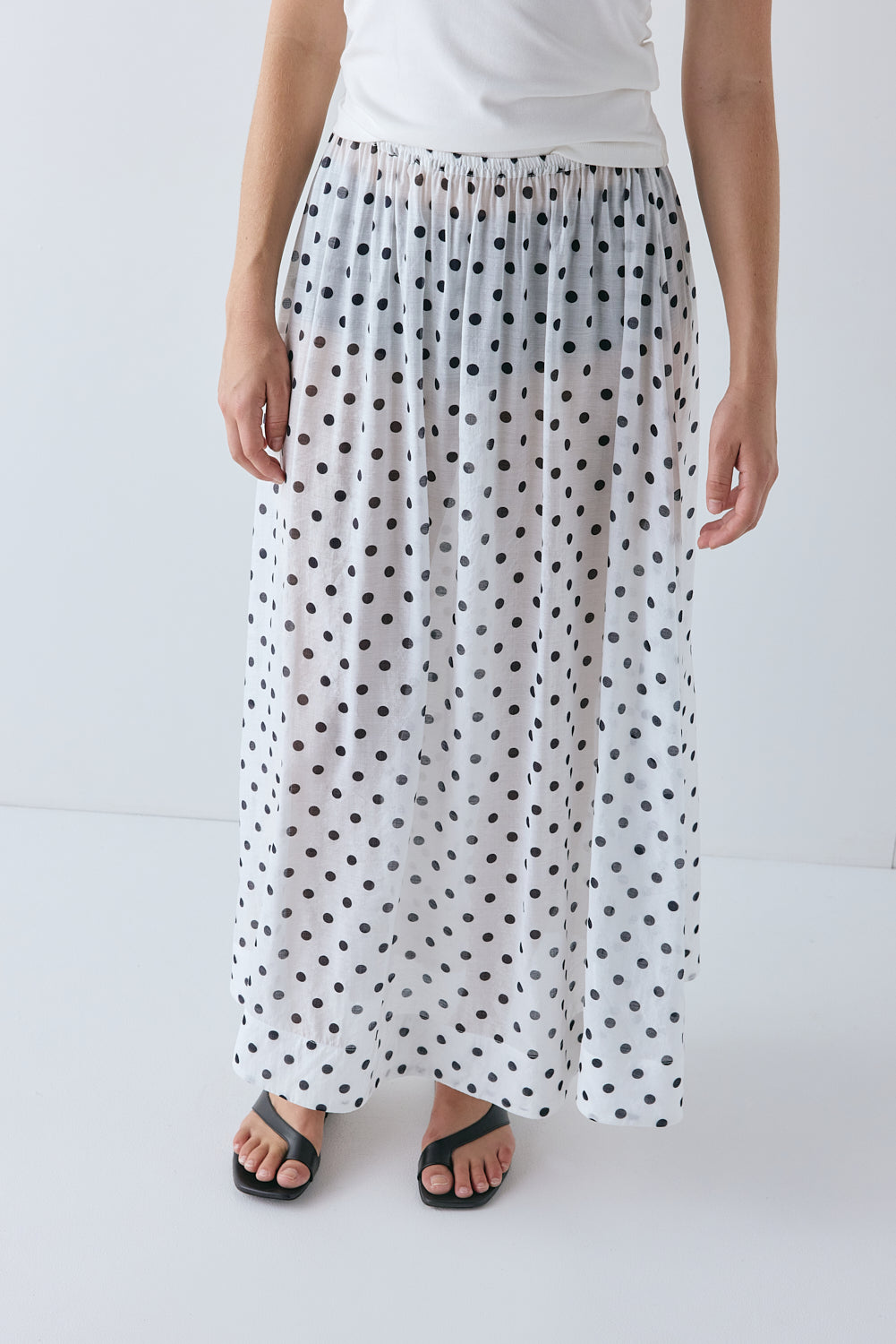 Solara Sheer Midi Skirt White Polka Dot