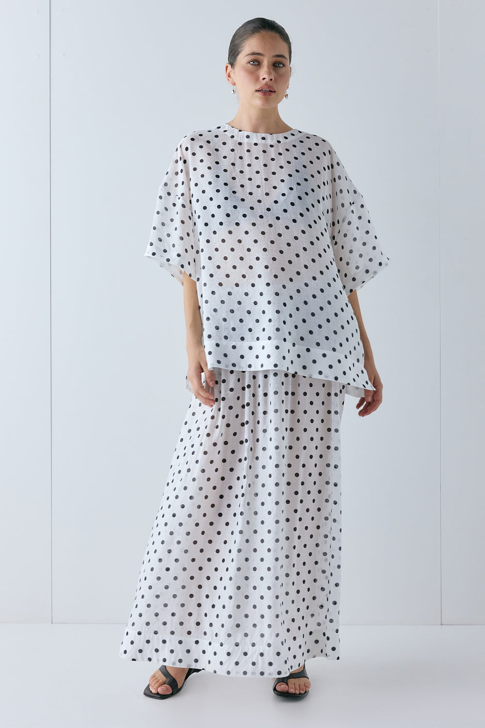 Solara Sheer Midi Skirt White Polka Dot