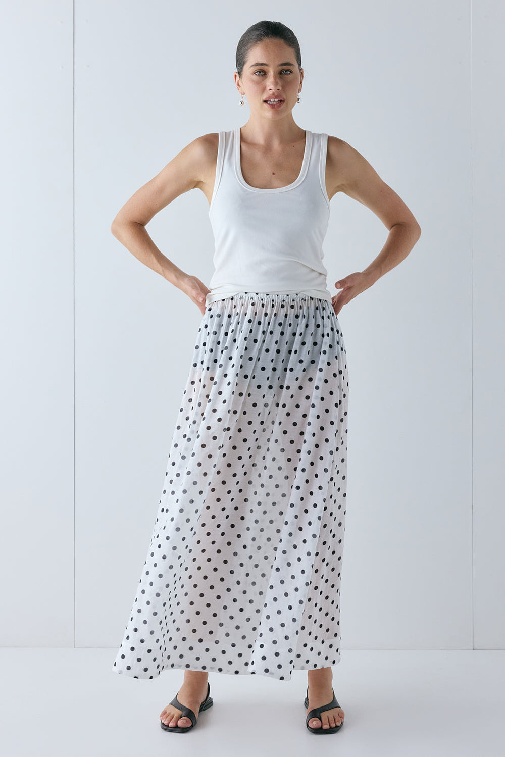 Solara Sheer Midi Skirt White Polka Dot