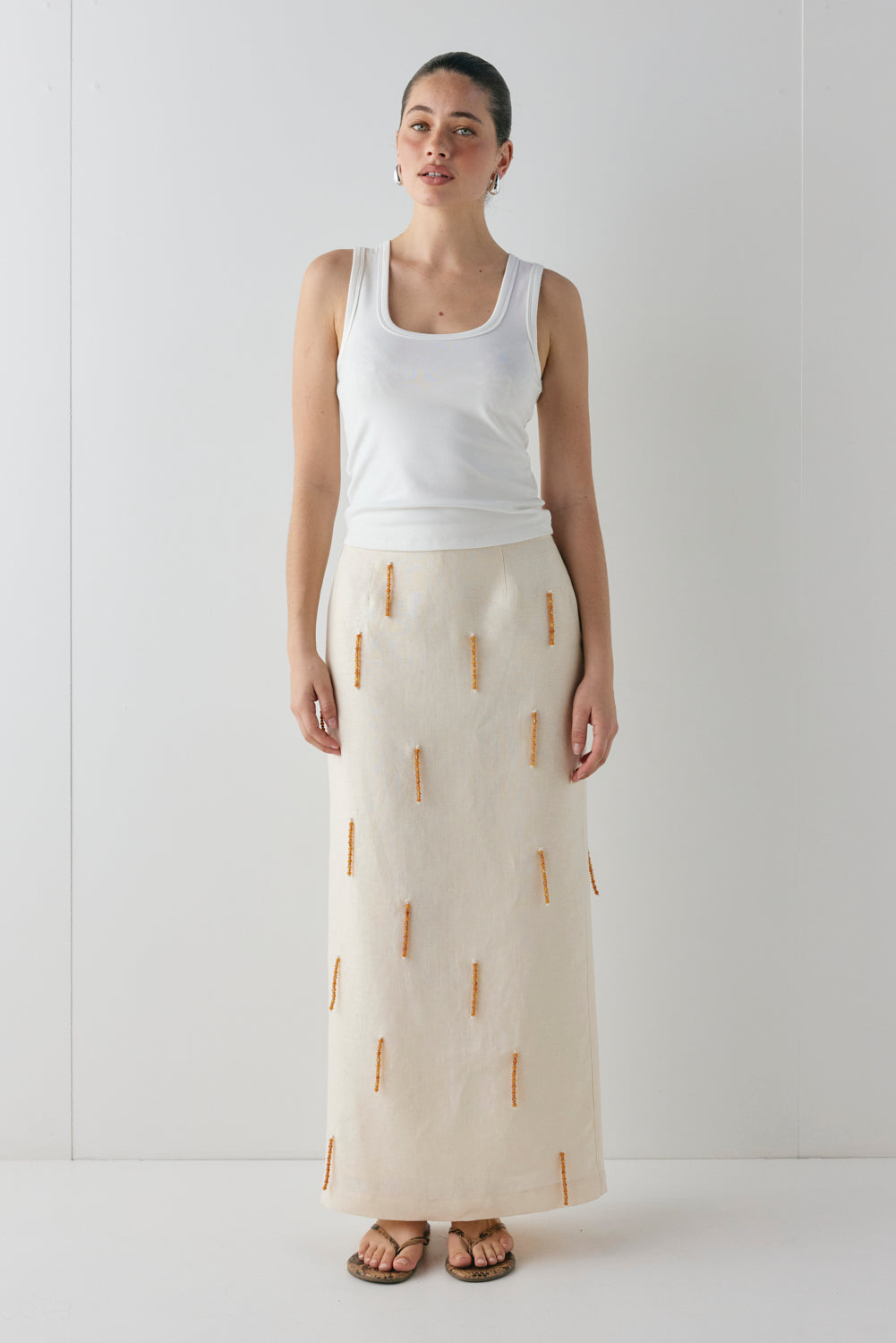 Devyn Linen Midi Skirt Cream
