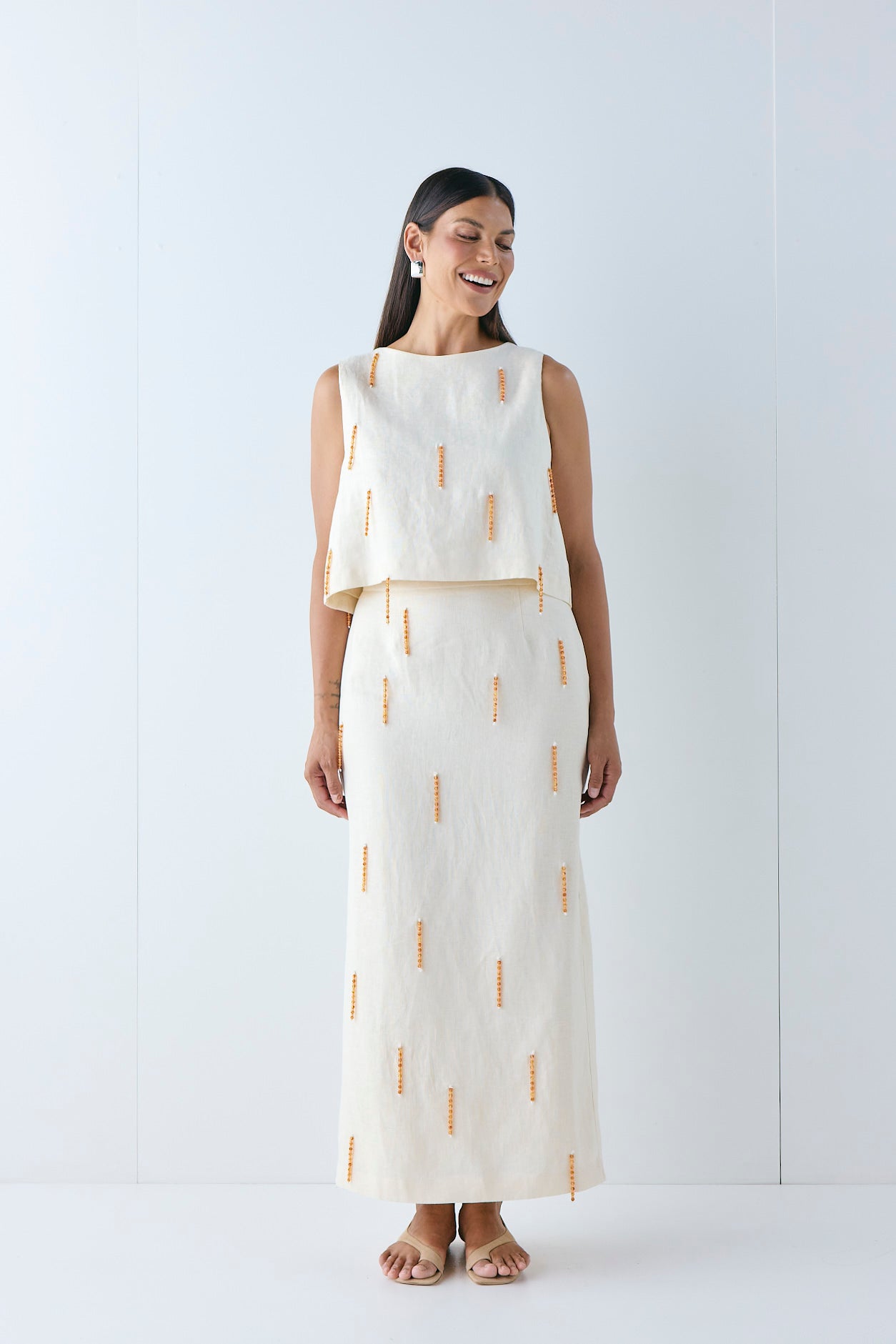 Devyn Linen Midi Skirt Cream