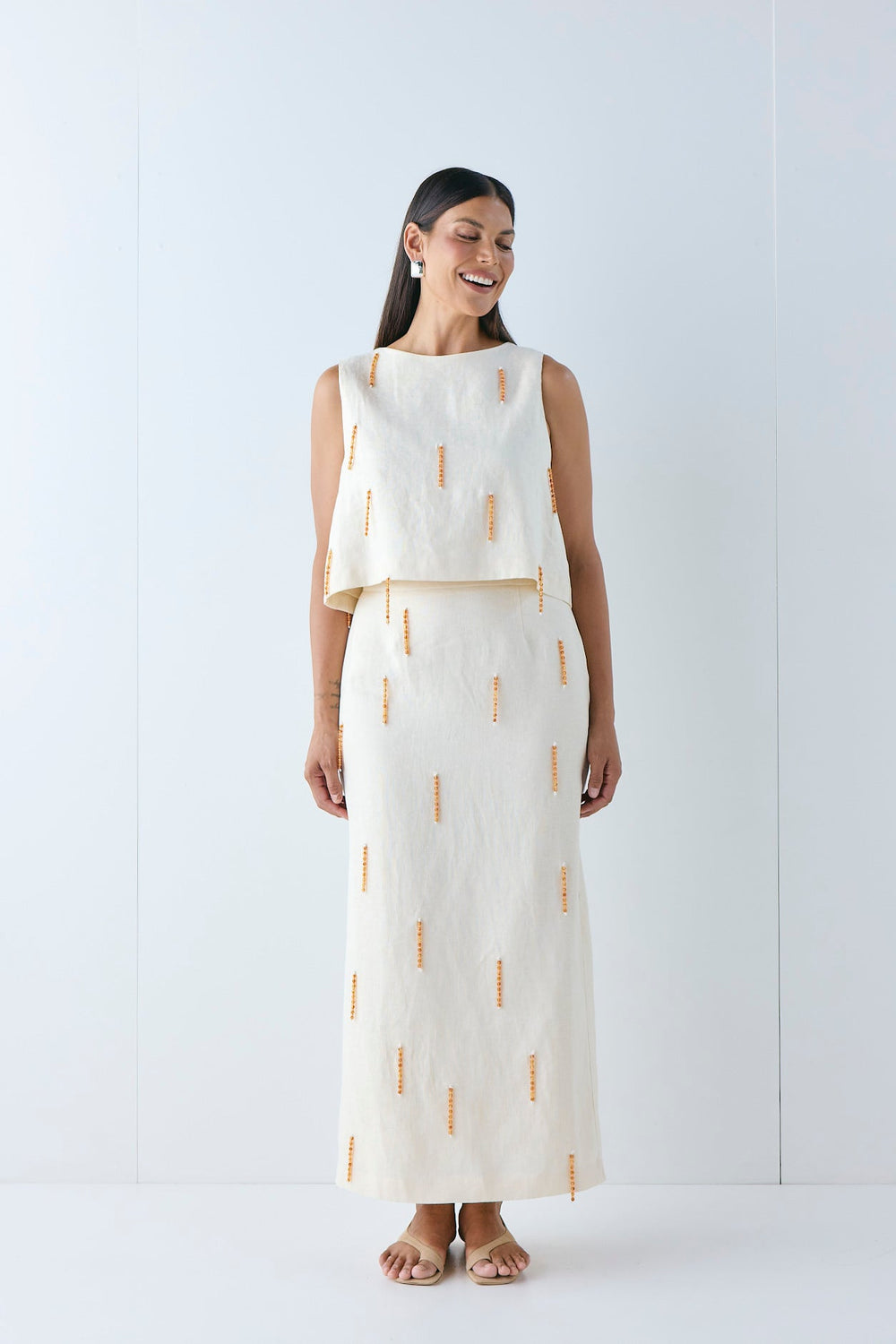 Devyn Linen Midi Skirt Cream