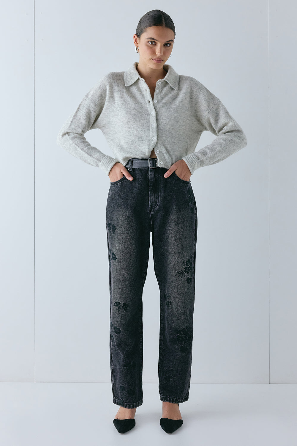 Lenah High Rise Embroidered Denim Jeans Black