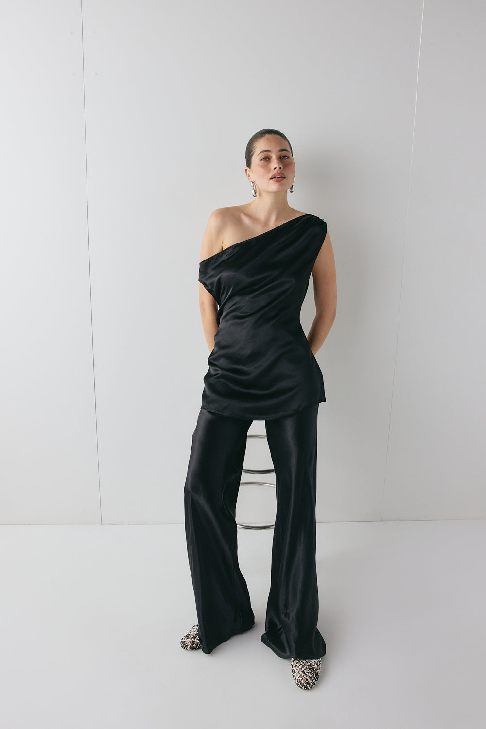 Camille Satin Tunic Top Black